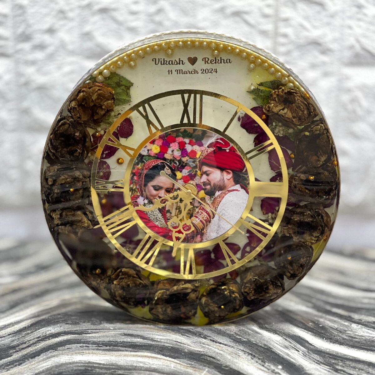 Resin Wall Clock with Wedding Garland Preservation ( 12inch ) - Image 2