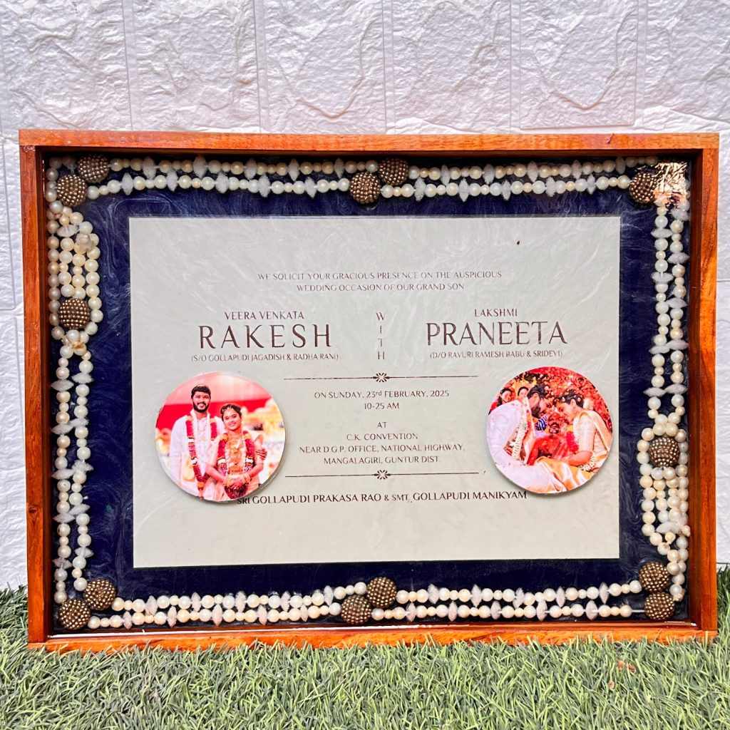 Wedding Invitation Resin Frame with Photos & Bead Border ( 12 by 16- Inch)