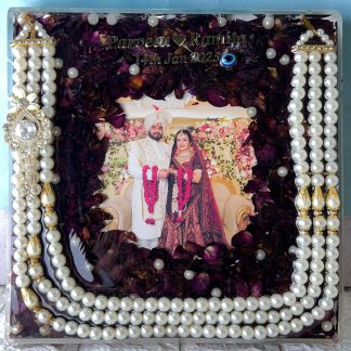 Wedding Photo Resin Frame with Real Varmala Flowers and Pearl Jewellery - (10) Inches