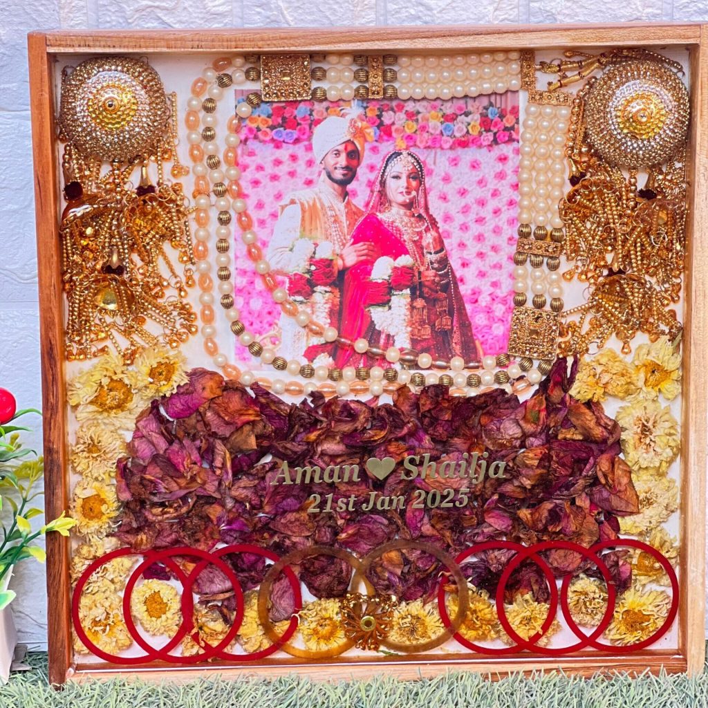 Luxury Wedding Memory Frame with Photo, Flowers, Bangles & Name – (12 by 12) Inch