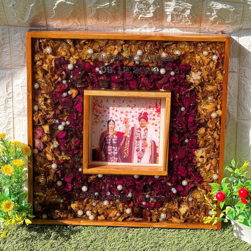 (16- Inch ) Teakwood Resin Preservation Frame with Varmala Flowers & Wedding Photo