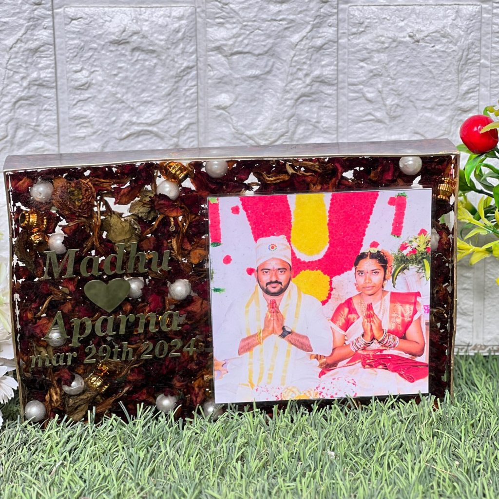 Personalized Resin Wedding Flowers & Photo Preserved Block (6by9- Inch)