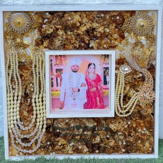 Teakwood Resin Frame with Varmala, Wedding Jewellery & Photo – (16by16) Inches
