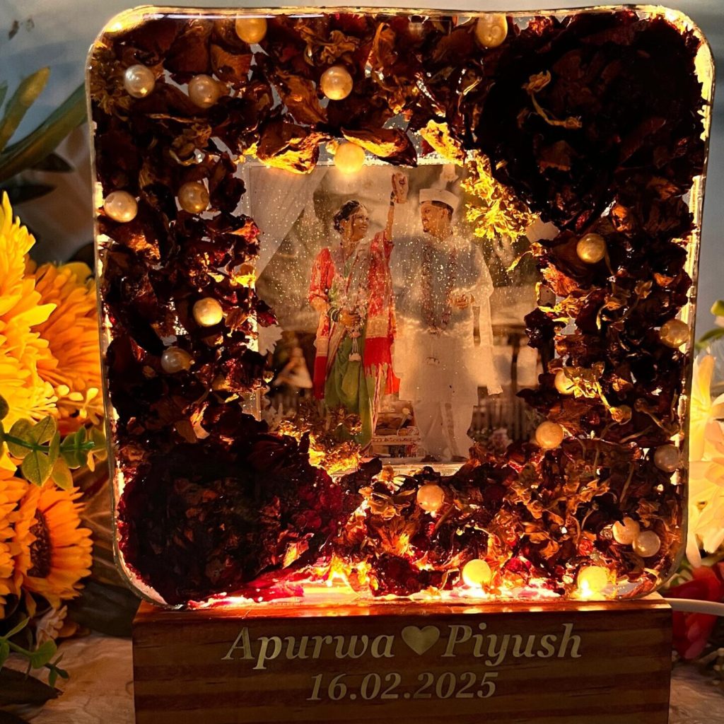 LED Photo Frame with Preserved Varmala Flowers & Lights – (6 inch)