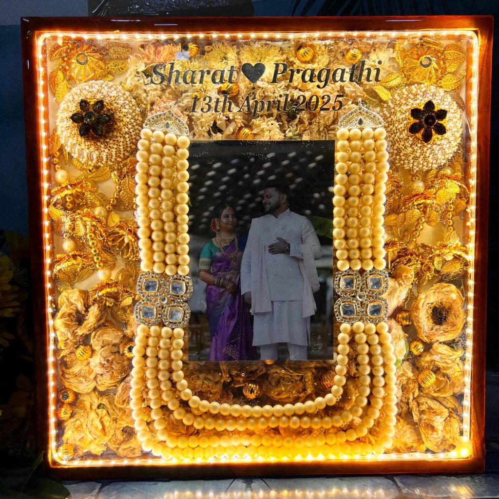 LED Resin Wedding Photo Frame with Varmala Flowers and Pearl Mala