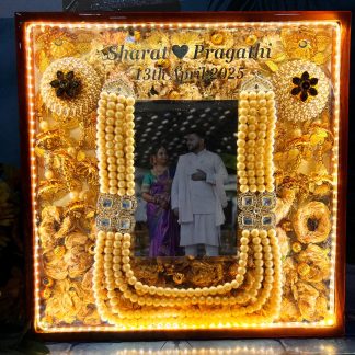 LED Resin Wedding Photo Frame with Varmala Flowers and Pearl Mala