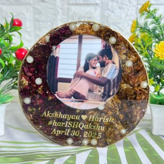Round Resin Planter with Custom Couple Photo & Varmala Flowers – (8) Inch