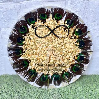 Personalised Resin Wall Clock with Peacock Feathers and Gold Flakes ( 12- Inch)