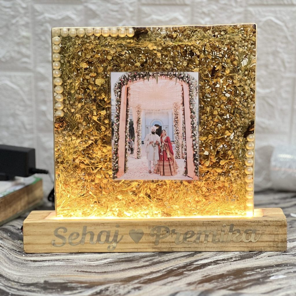 Rectangular Resin LED Frame with Preserved Wedding Varmala Flowers (8- Inch)