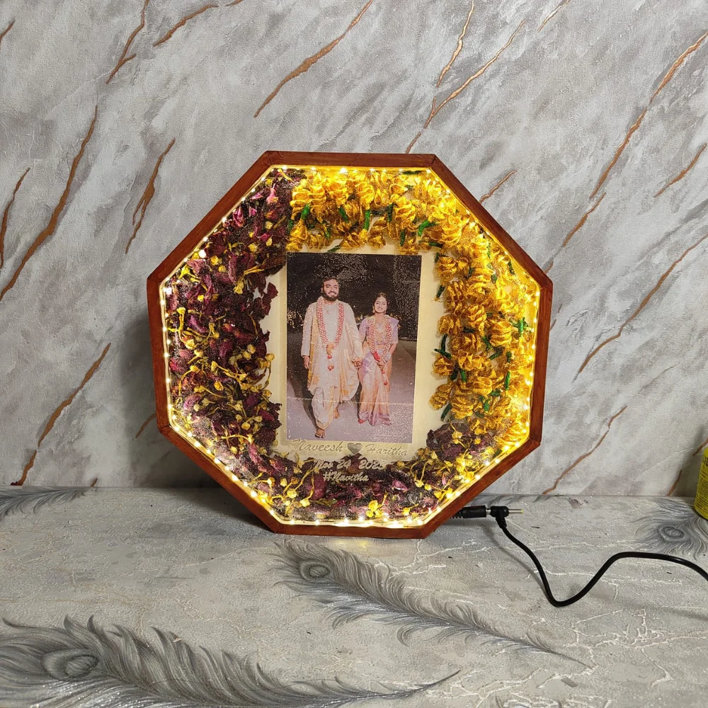 Octagonal Varmala Flower Preservation Frame with LED Light