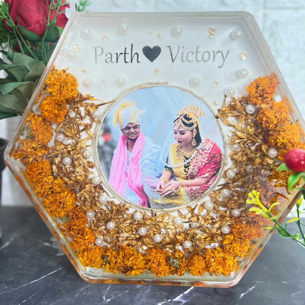 Wedding Garland Preservation in Hexagonal Resin Frame