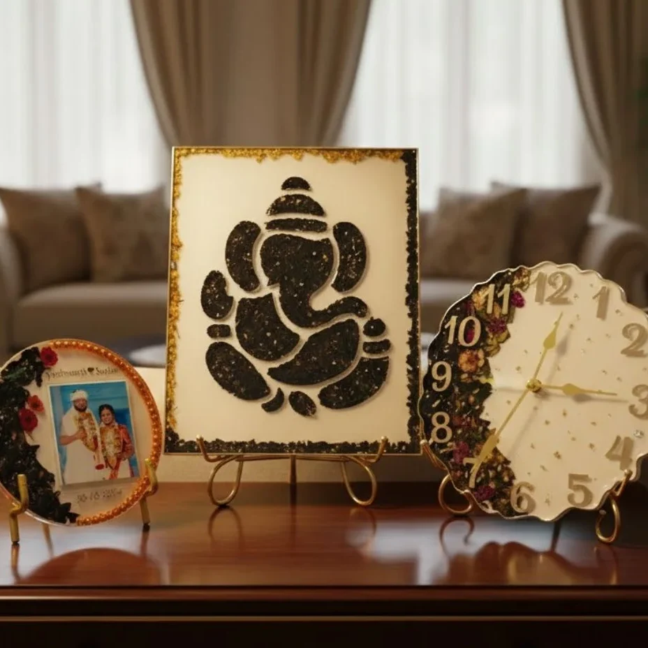 9×12 inch Ganesh frame with varmala, 6 inch resin couple frame with garland, 8 inch curved clock with garland