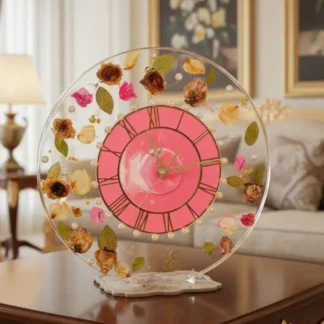 Floral Resin Wall Clock with Real Flowers & Pearls – (14) Inch