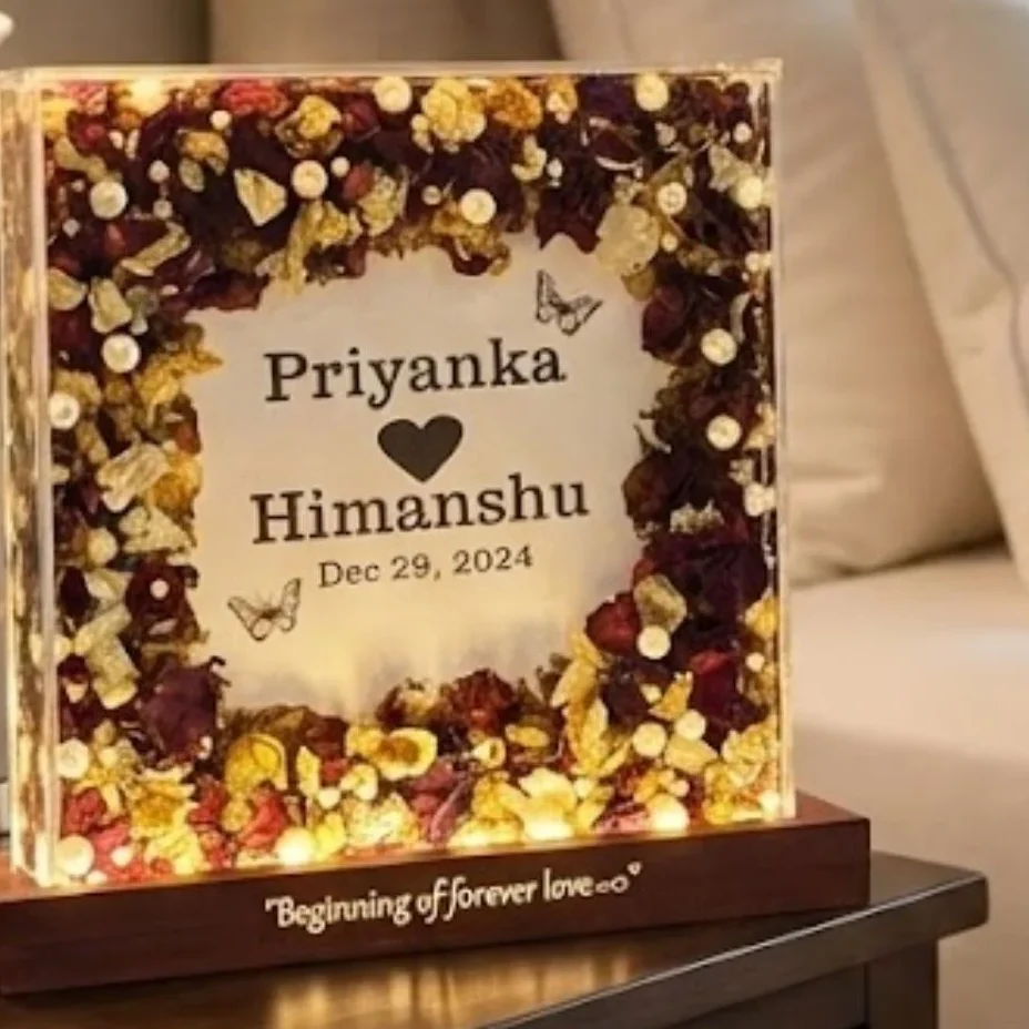 LED Resin Name Frame with Dried Flowers (10- Inches)