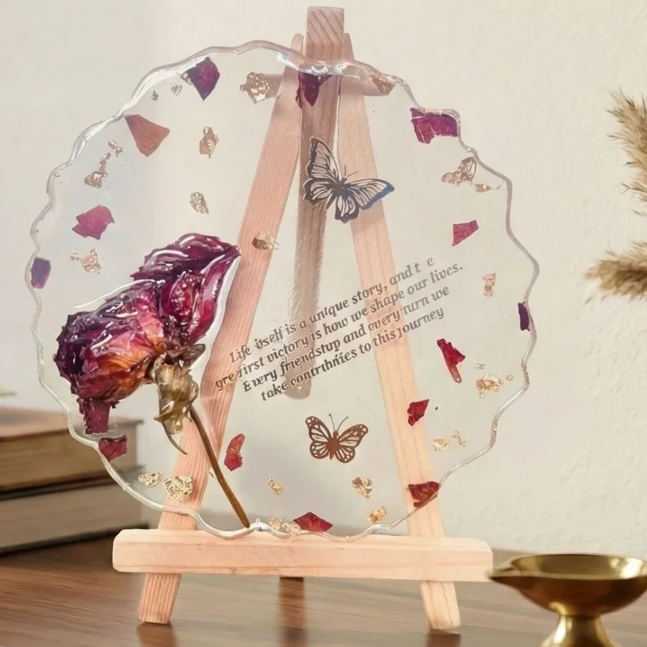 Mini Round Resin Memory Plate with Rose & Quote – (4) Inch