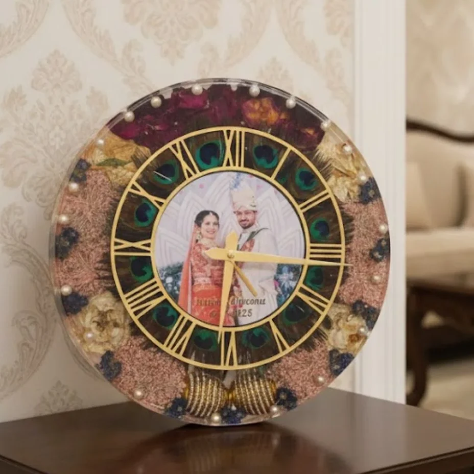 Personalised Resin Wedding Clock with Photo & Flowers ( 12- Inch)