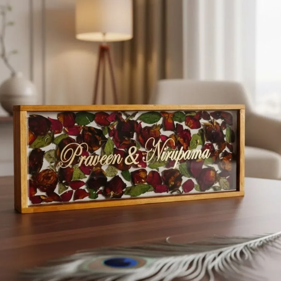Personalized Couple Nameplate with Wedding Varmala Flowers (15×5 Inch)