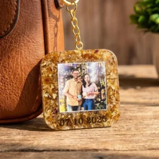 Square Photo Resin Keychain With Real Flower