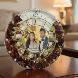 Wedding Photo Resin Wall Clock with Preserved Flowers ( 12- Inch)