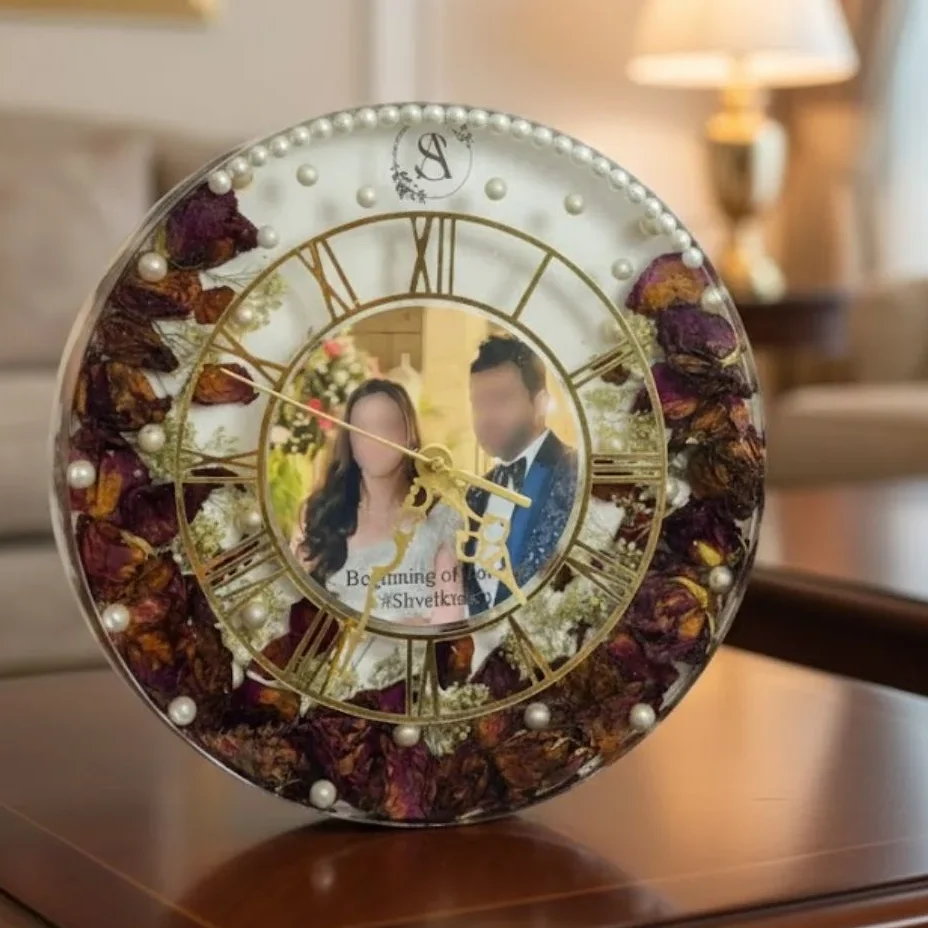 Wedding Photo Resin Wall Clock with Preserved Flowers ( 12- Inch)