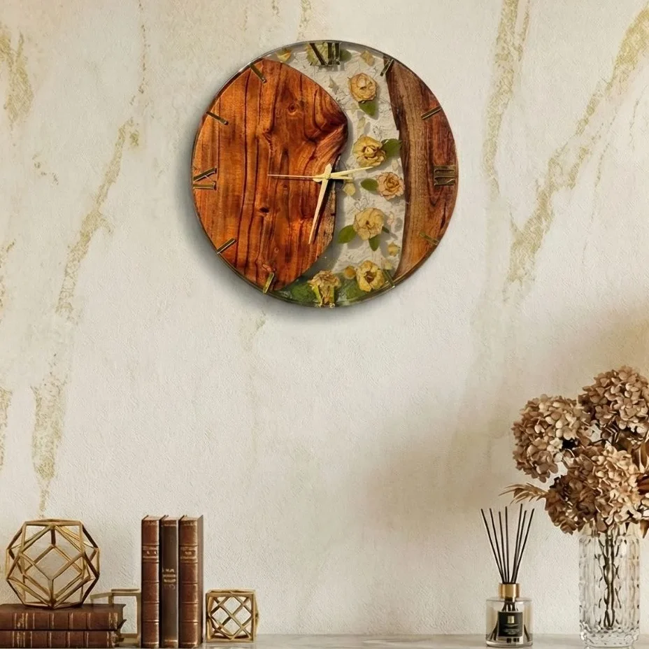 Wooden Resin Wall Clock with Real Preserved Flowers – (18) Inch