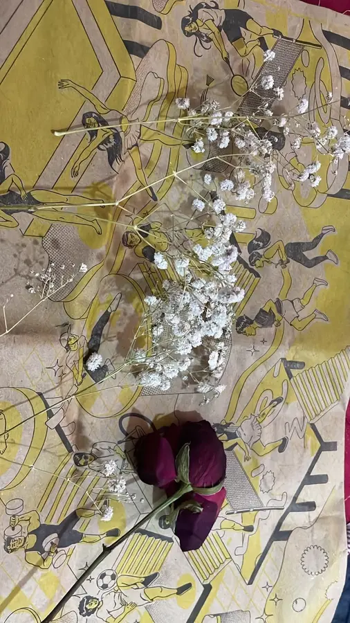 Dried red roses and gypsophila from a wedding varmala ready for preservation