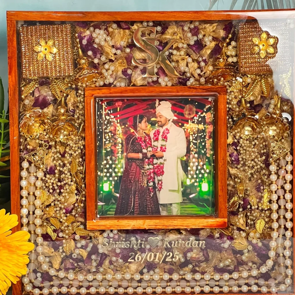 Wedding Varmala Resin Teakwood Frame with Photo – ( 12 by 12) Inch