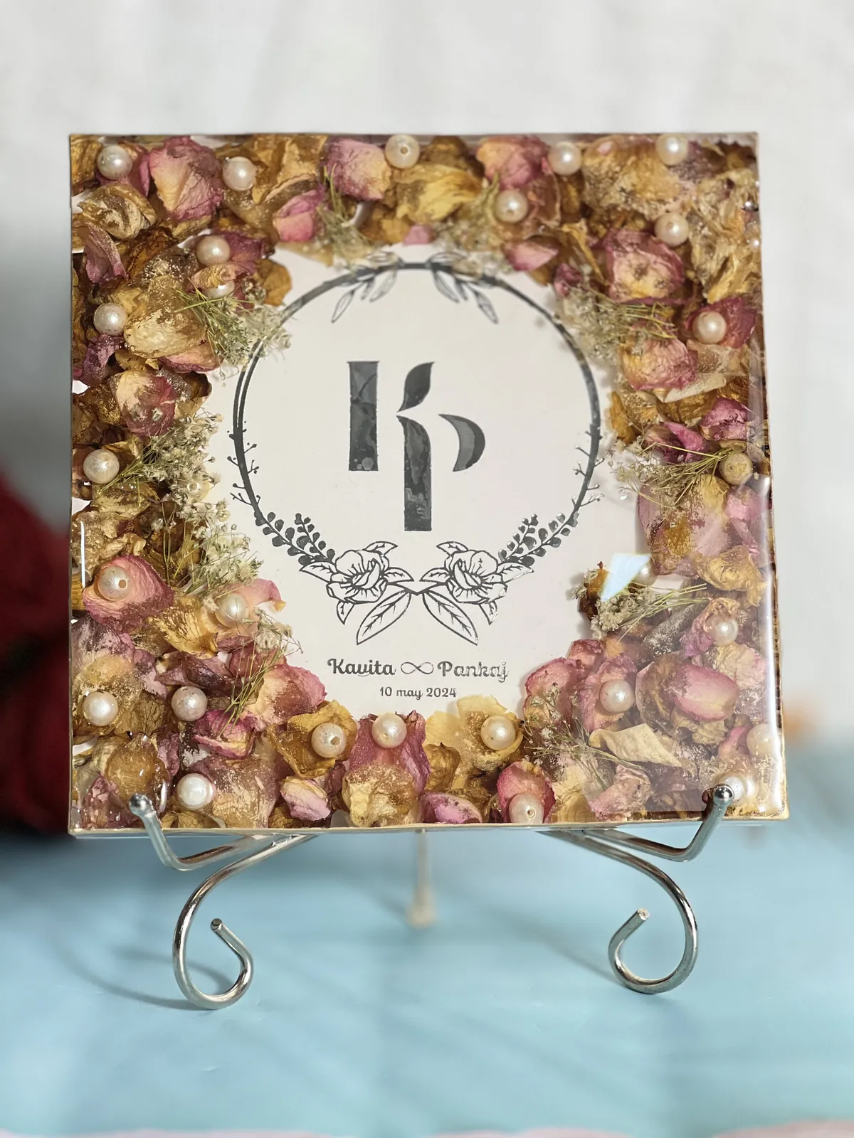Monogram varmala frame with pearls, made from a real wedding varmala at our Jaipur studio