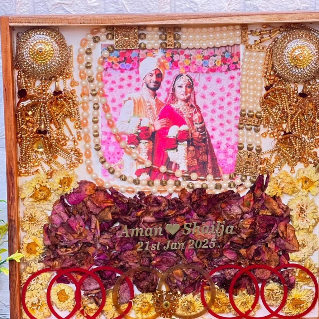 Luxury Wedding Memory Frame with Photo, Flowers, Bangles & Name – (12 by 12) Inch
