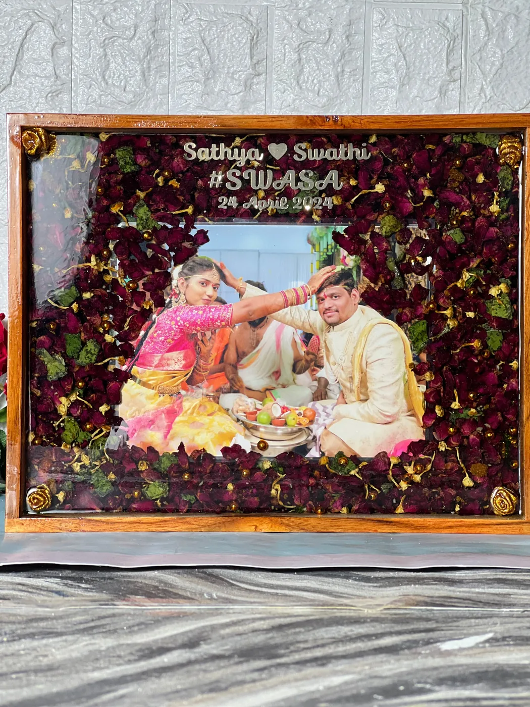 Teakwood frame made from a real wedding varmala