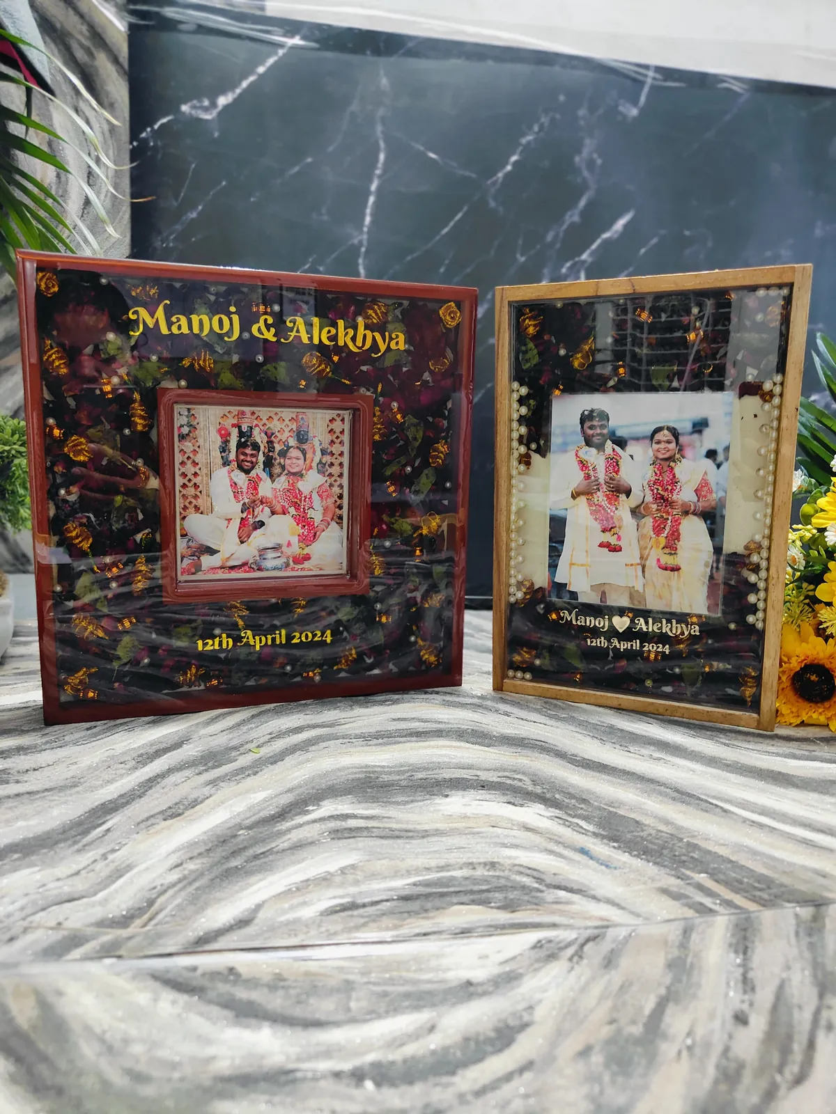 Matching pair of varmala frames, made from a real wedding varmala at our Jaipur studio