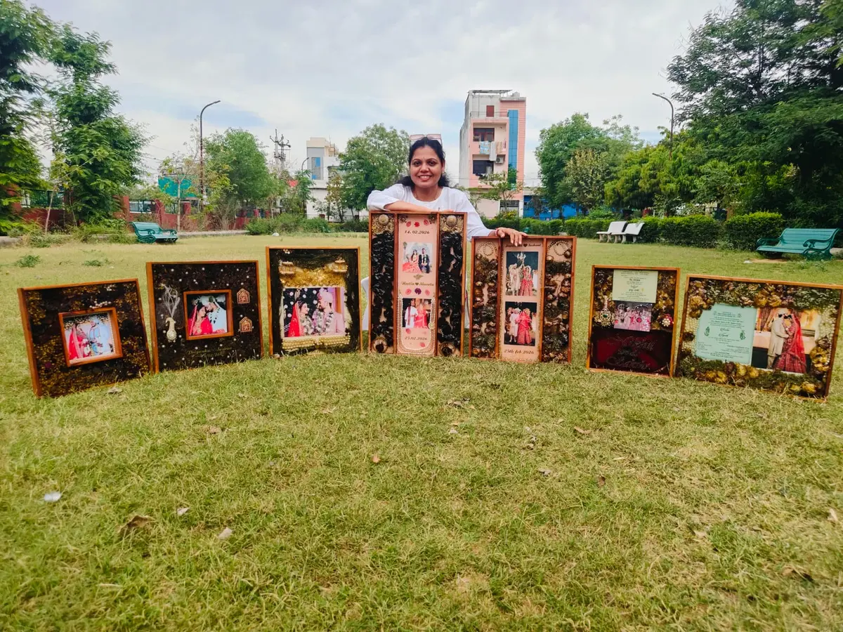 Finished varmala preservation frames from the Jaipur studio laid out together