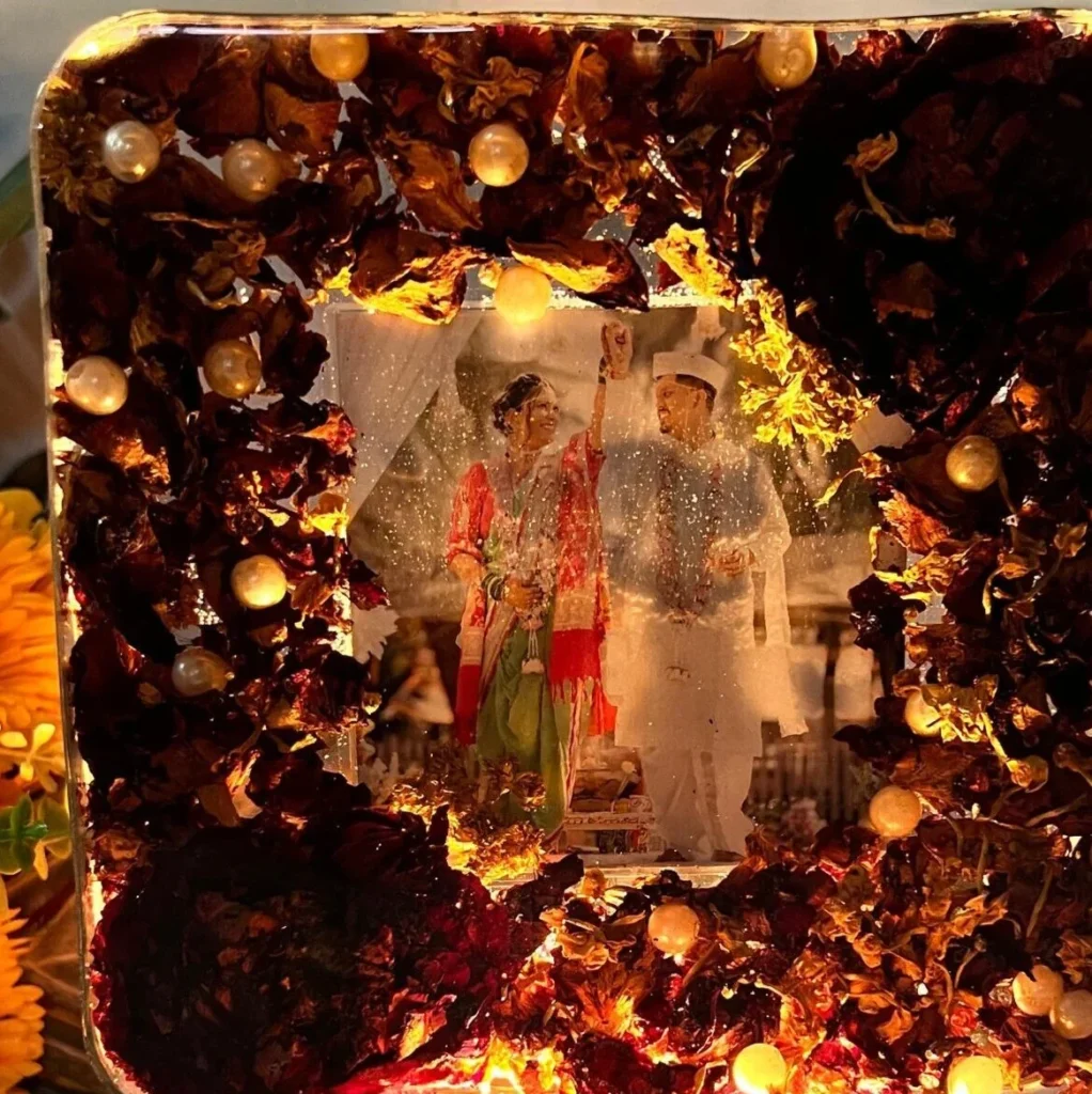 LED Photo Frame with Preserved Varmala Flowers & Lights – (6 inch)