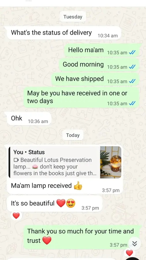 Customer WhatsApp message after receiving a lotus lamp