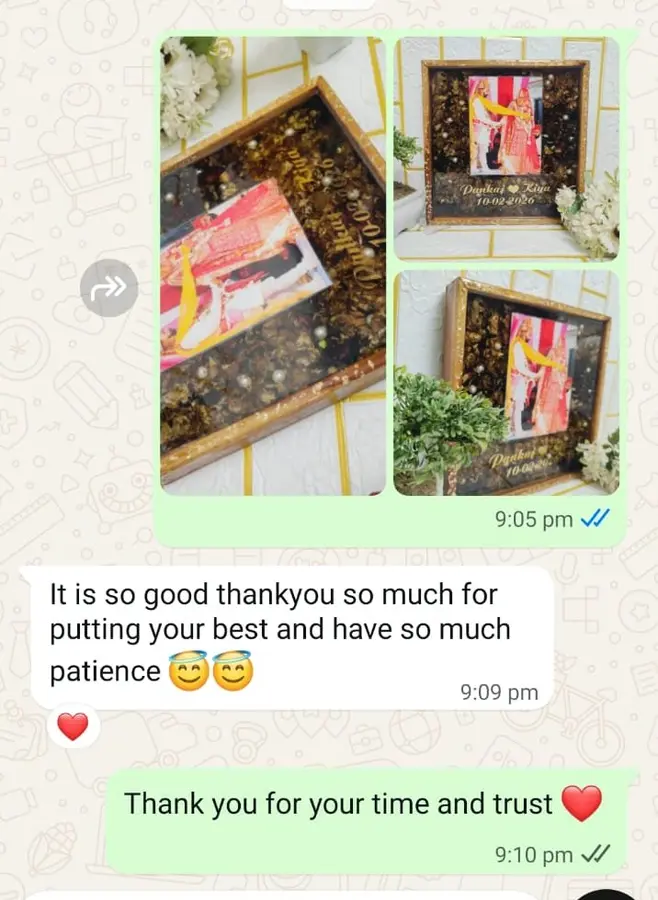 Customer WhatsApp message about varmala photo frames