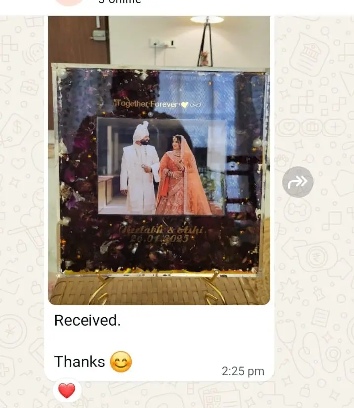 Customer WhatsApp message on receiving a wedding varmala frame